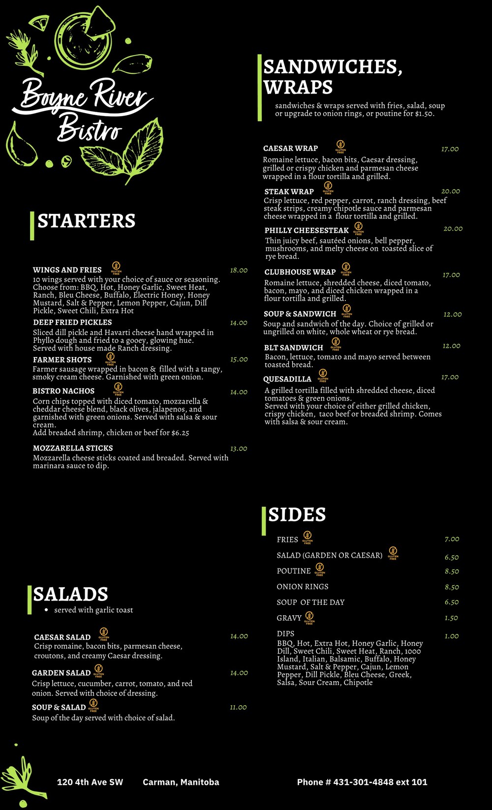 Take Out and Dine in Menu